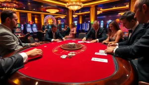 Action intense au poker dans les meilleurs casino en ligne avec des joueurs élégants et un décor de casino vibrant.