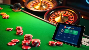 Engaging scene showcasing vibrant poker chips and an online betting tablet for situs bola online.
