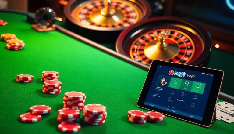 Engaging scene showcasing vibrant poker chips and an online betting tablet for situs bola online.