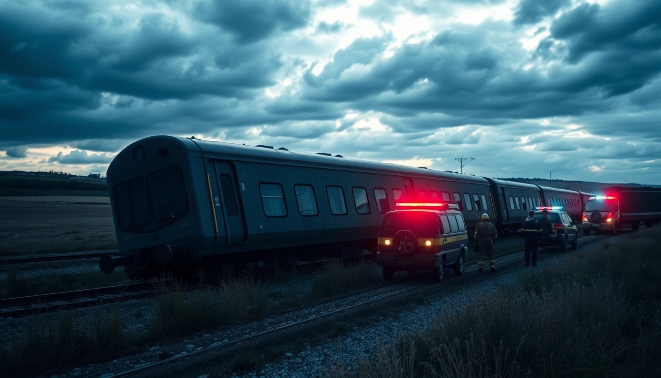 Spain train crash scene with emergency responders in dramatic lighting.