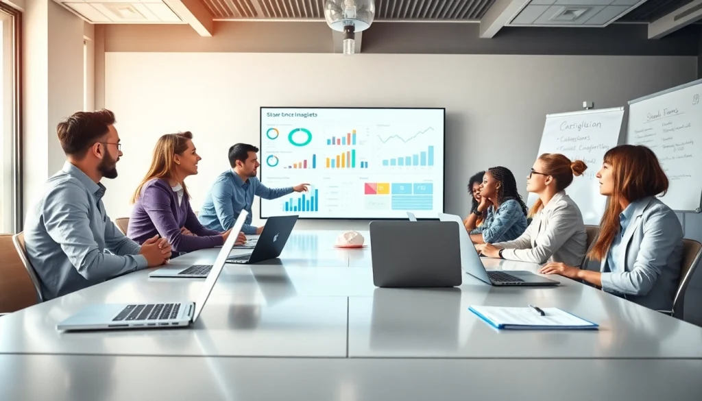 B2B competitive intelligence team analyzing data during a strategic business meeting.