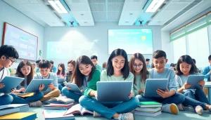 Youdao's interactive language learning environment with students collaborating and using digital devices.