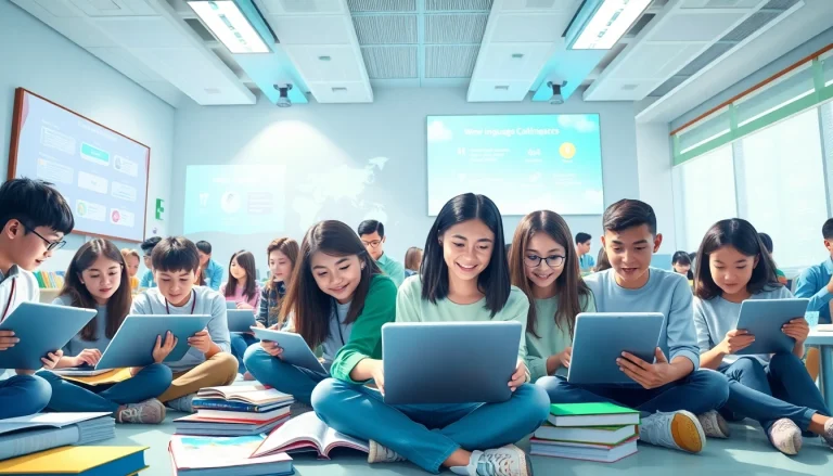 Youdao's interactive language learning environment with students collaborating and using digital devices.