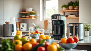 Showcase of innovative home appliances displaying modern kitchen design with vibrant elements.