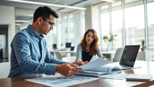 Experts analyzing FCPA/DCAA/Flowdown/ITAR/EAR compliance in a modern office.