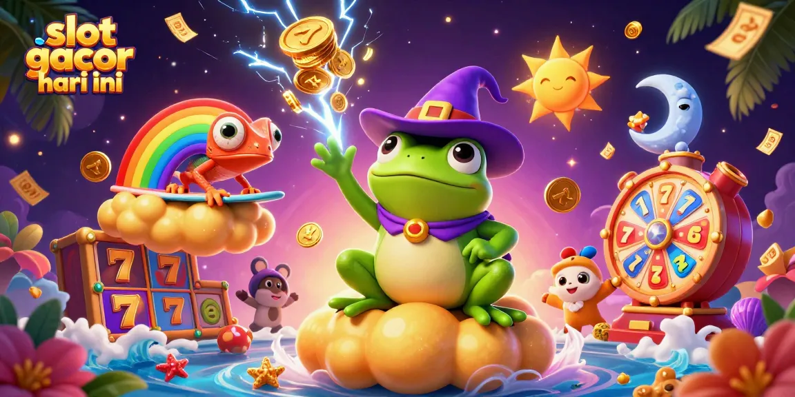 Engage with slot gacor hari ini, illustrated in a vibrant 3D scene depicting a wizard frog and chameleon amidst dynamic casino elements.