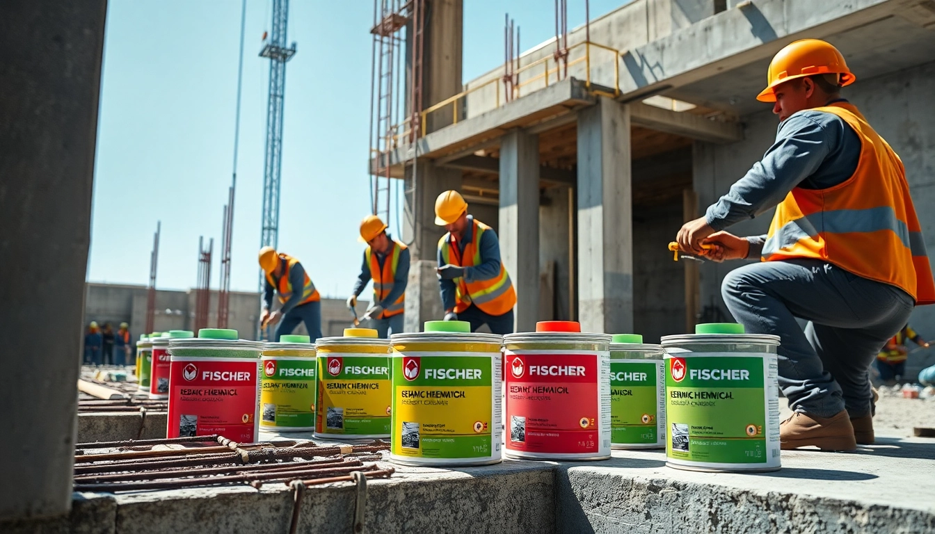 Workers applying fischer rebaring chemical to secure rebar in concrete structures.