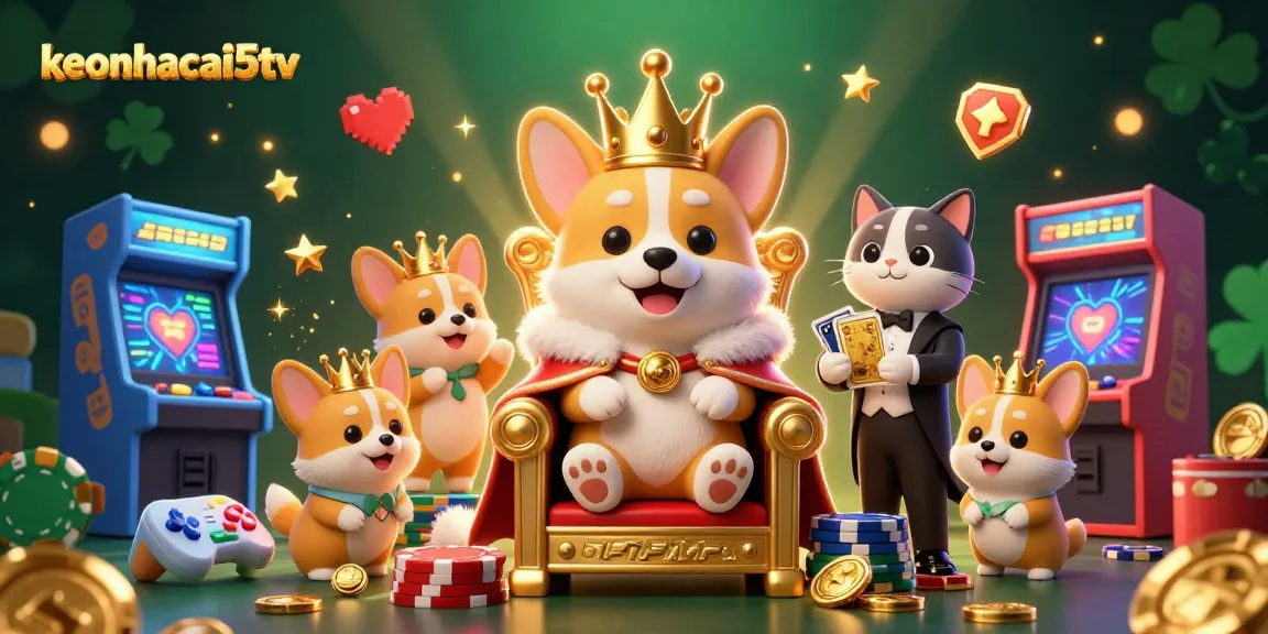 Engage with keonhacai5tv as the 3D royal corgi reigns on a poker chip throne amidst vibrant gaming excitement.