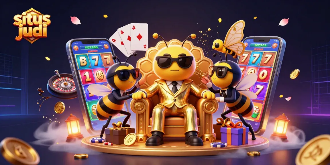 Engage in situs judi slots with a vibrant scene showcasing a bumblebee mob boss and gaming elements.