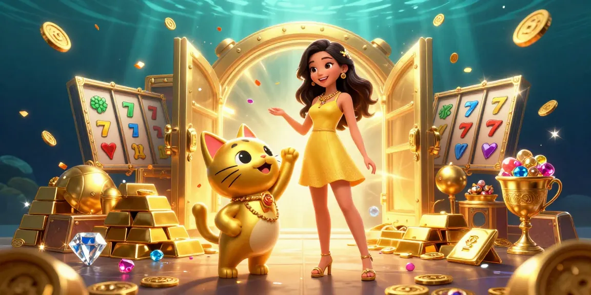 Spin the reels with the enchanting slot 888 as a cheerful Asian woman interacts with a golden lucky cat mascot.