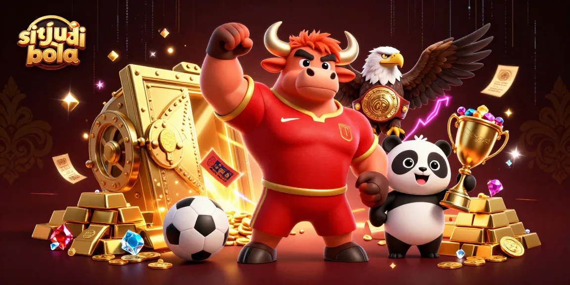 Celebrate victories with situs judi bola featuring a cartoon bull mascot, eagle, and panda amidst treasure.