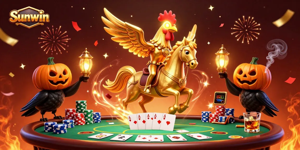 Sunwin features a golden rooster headless horseman gaming with poker elements in a lively casino.