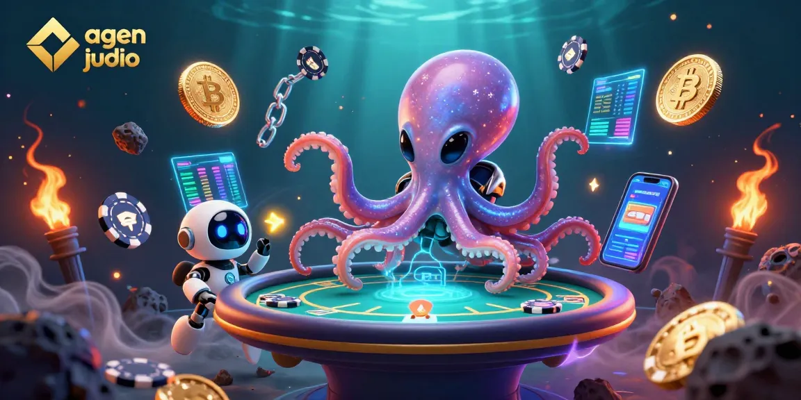 Engage with agen judi bola through vibrant poker universe featuring alien octopus and crypto elements.