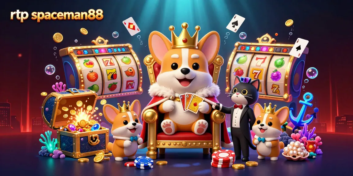 Experience the excitement of rtp spaceman88 with a vibrant 3D illustration of a royal corgi and gaming elements.